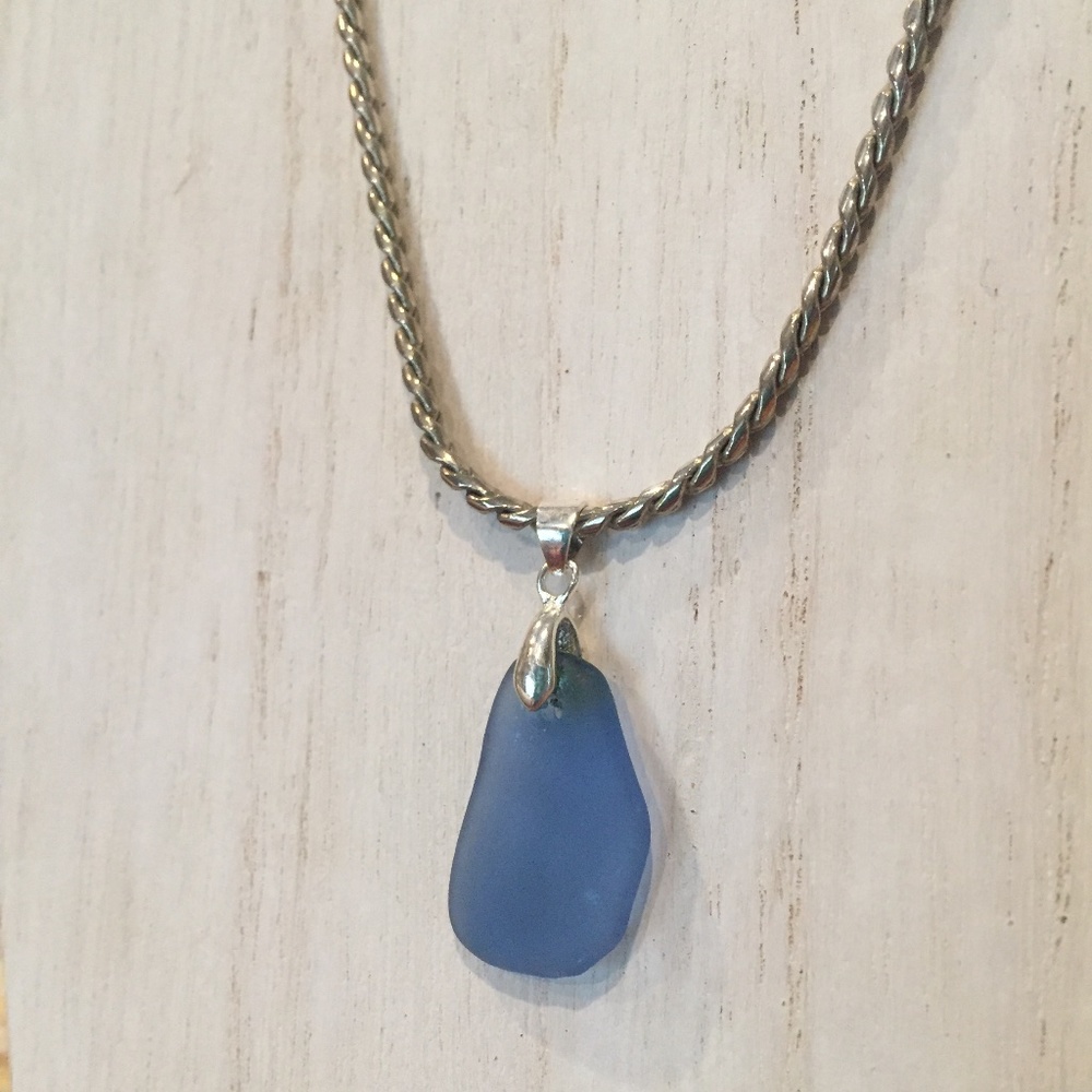 Cornflower Blue Sea Glass Pendant on Silver Chain